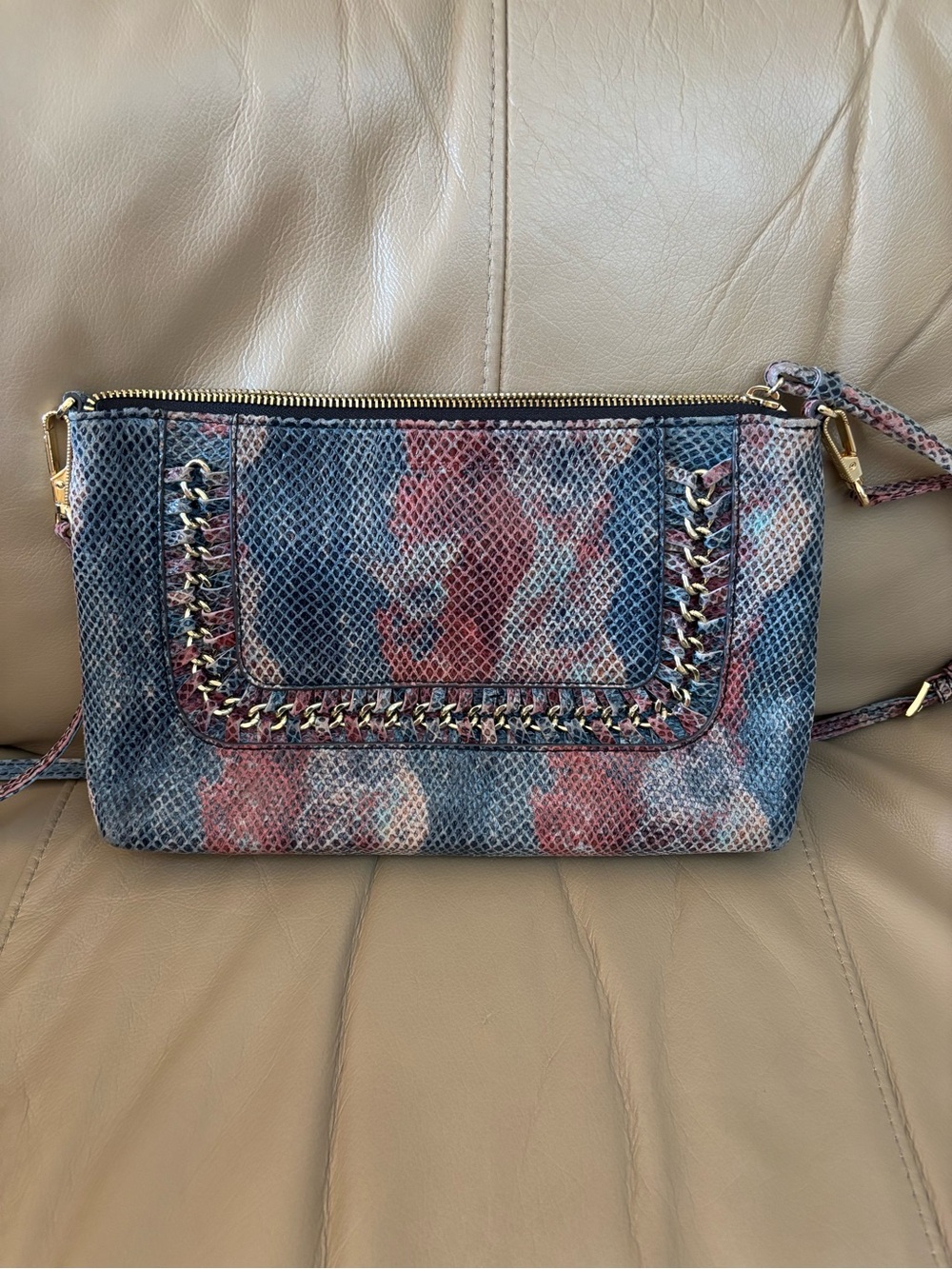 Aimee Kestenberg Blue and Red Snake-Print Crossbody with Gold Chain Trim